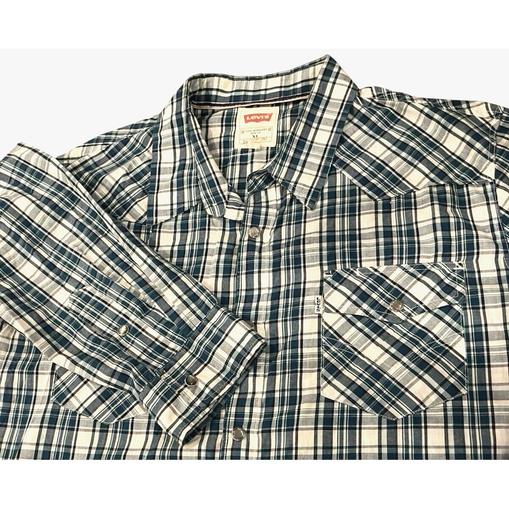 Levi's Shirt Mens XL Western Pearl Snap‎ Blue Plaid Long Sleeve Cotton Cowboy